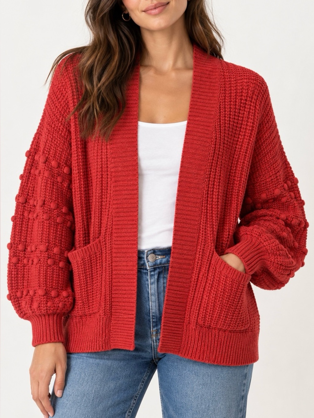 Madewell Bobble Knit Cardigan Kilt Red Cotton Balloon Sleeve Sweater Womens XS